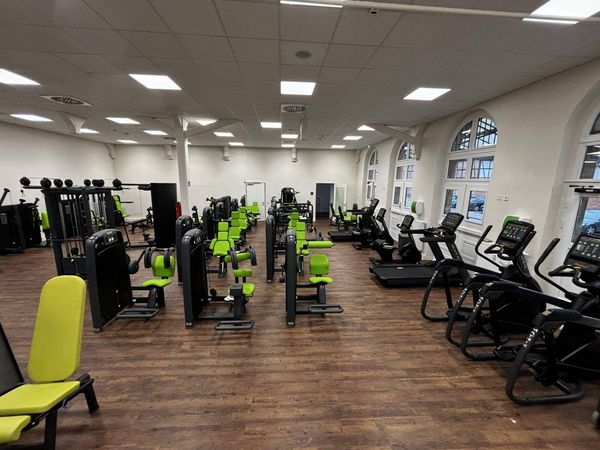 Ein modernes Fitnessstudio in Quedlinburg mit zahlreichen grünen Trainingsgeräten und Laufbändern auf Holzboden.