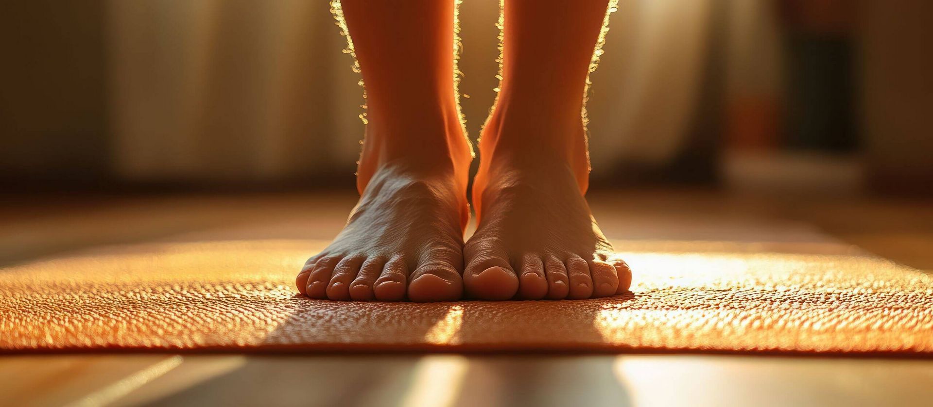Nahaufnahme von Füßen, die auf einer orangefarbenen Yogamatte stehen, während sanftes Licht den Raum erhellt.