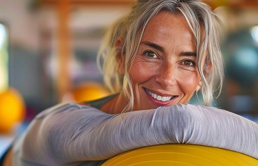 Eine lächelnde Frau in einem grauen Shirt ruht sich auf einem gelben Gymnastikball in einem Fitnessstudio aus.