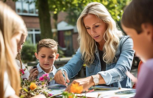 Eine blonde Lehrerin unterrichtet Schüler im Schulhof, umgeben von grüner Natur.